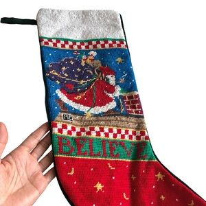 Vintage Mary Engelbreit Needlepoint Christmas Stocking BELIEVE Santa St Nicholas